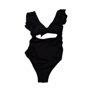Charmo Womens Black Ribbed Cutout One Piece Swimsuit Ruffle Tie Front Monokini S